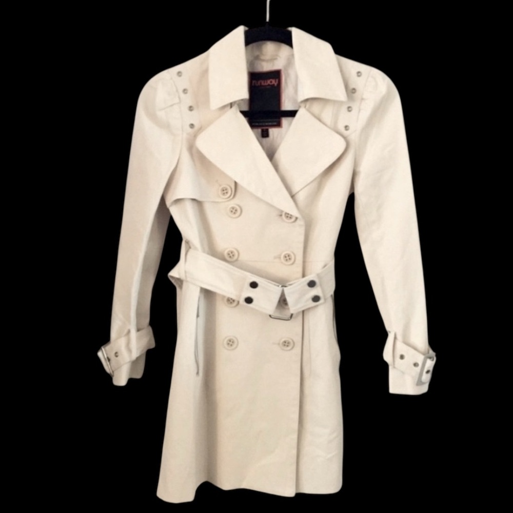Blanc Noir Runway NY Women’s Cream Belted Double Breasted Trench Coat Sz S